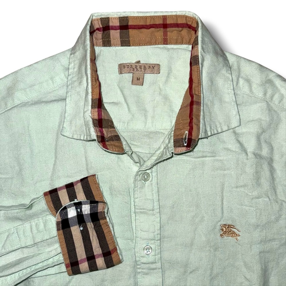 Burberry Brit Mens Mint Green 100% Linen Nova Check Button Down Shirt Size M